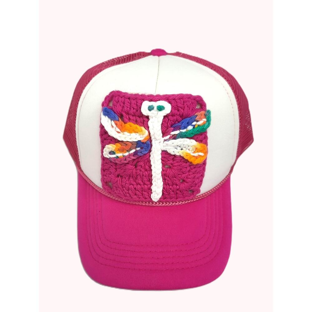 Crochet Granny Square Trucker Hat Hand Crafted Hot Pink Dragonfly Adjustable NEW